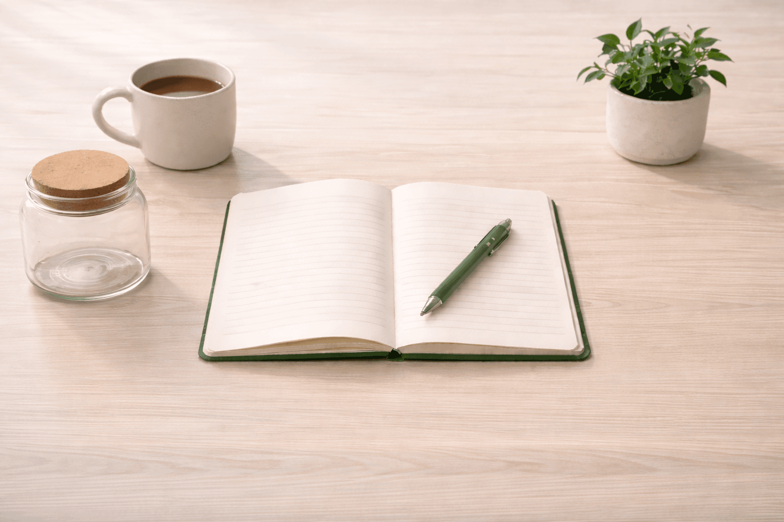 Open notebook and empty glass jar on a light wood desk