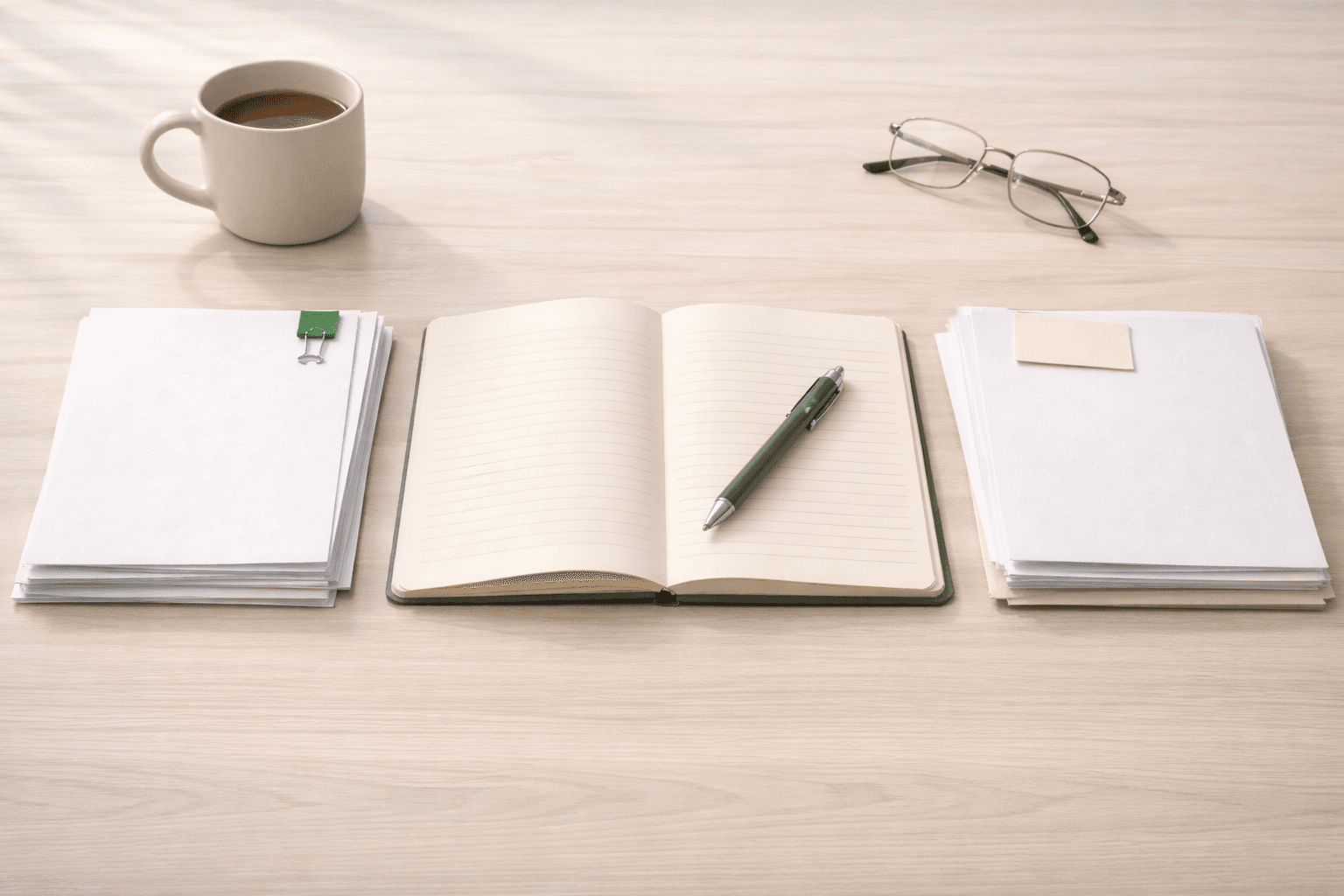 Notebook between two stacks of loan papers on a light wood desk