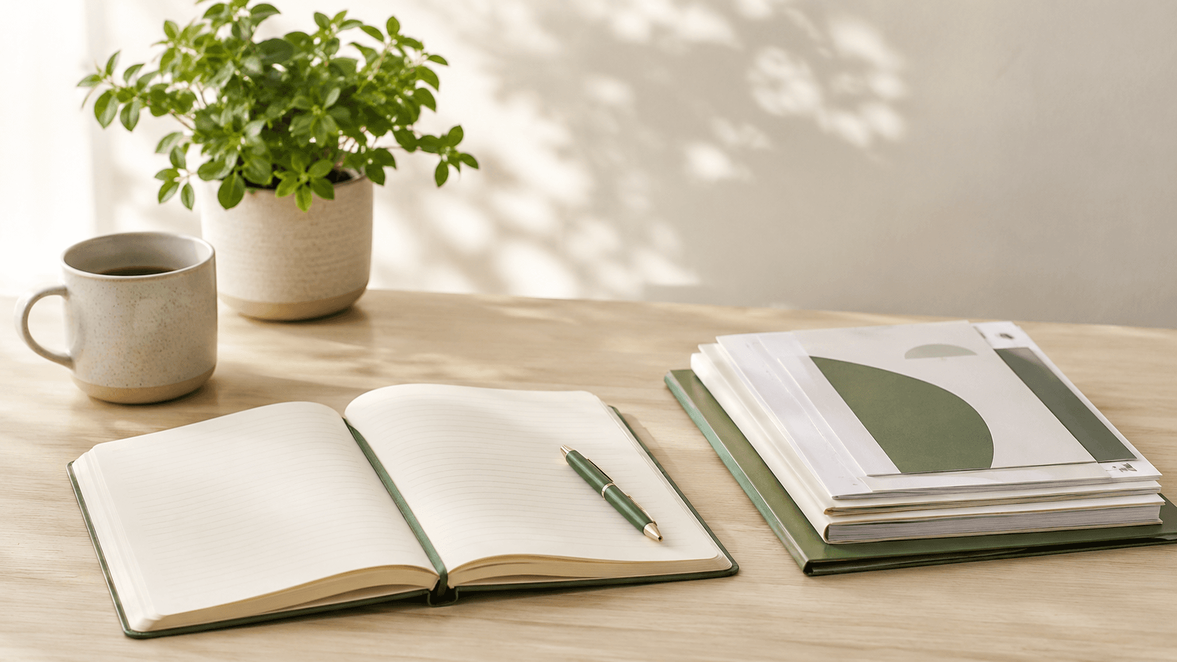 Notebook and college document packets on a light wood desk