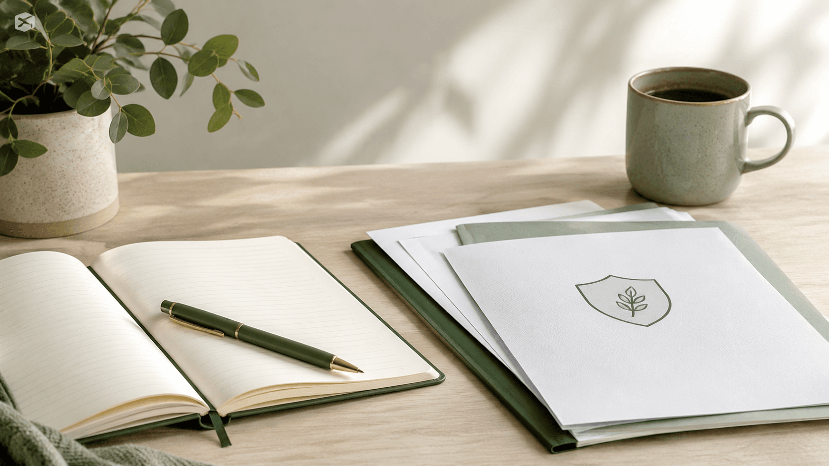 Notebook and insurance papers on a light wood desk