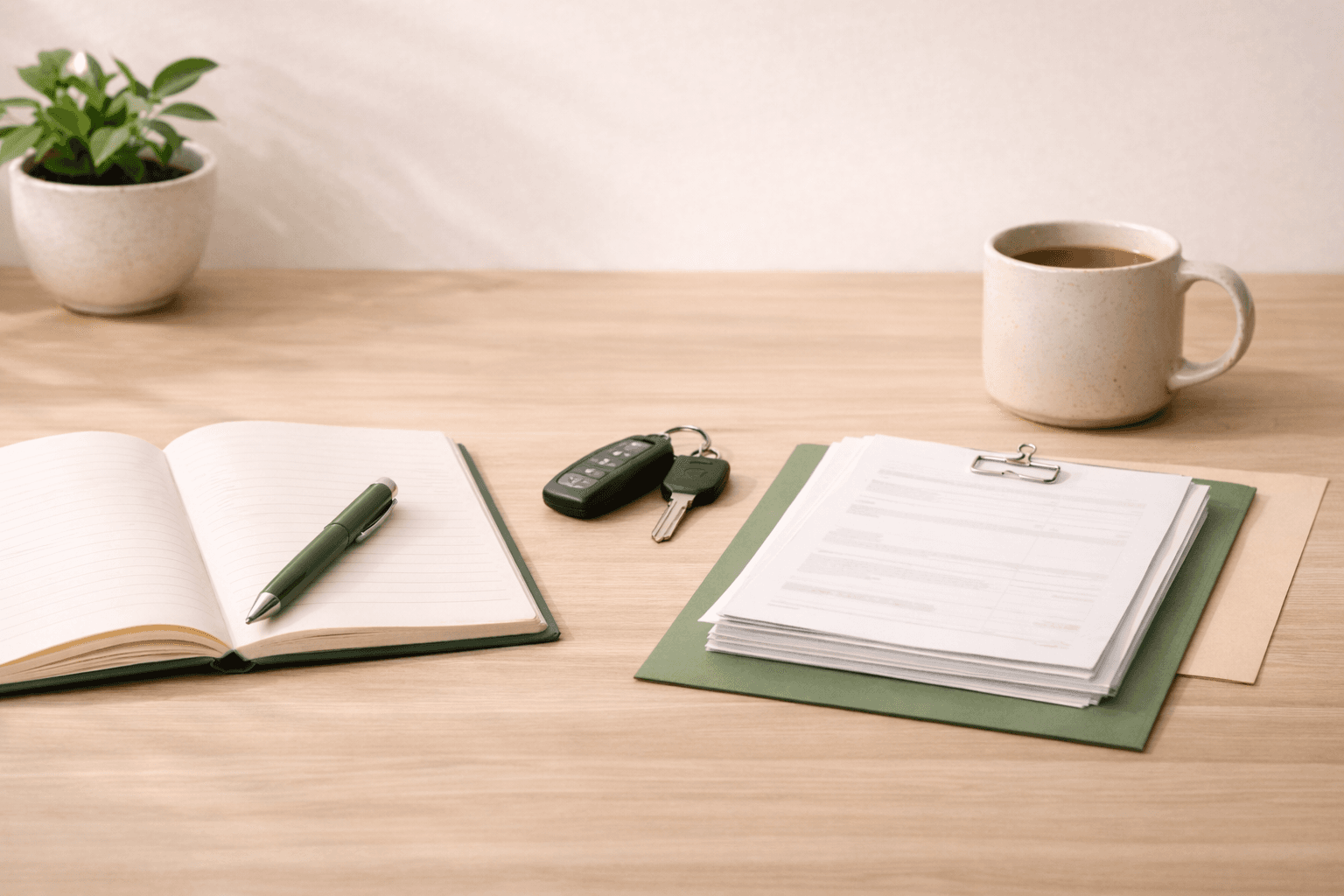Notebook, car key, and policy papers on a light wood desk
