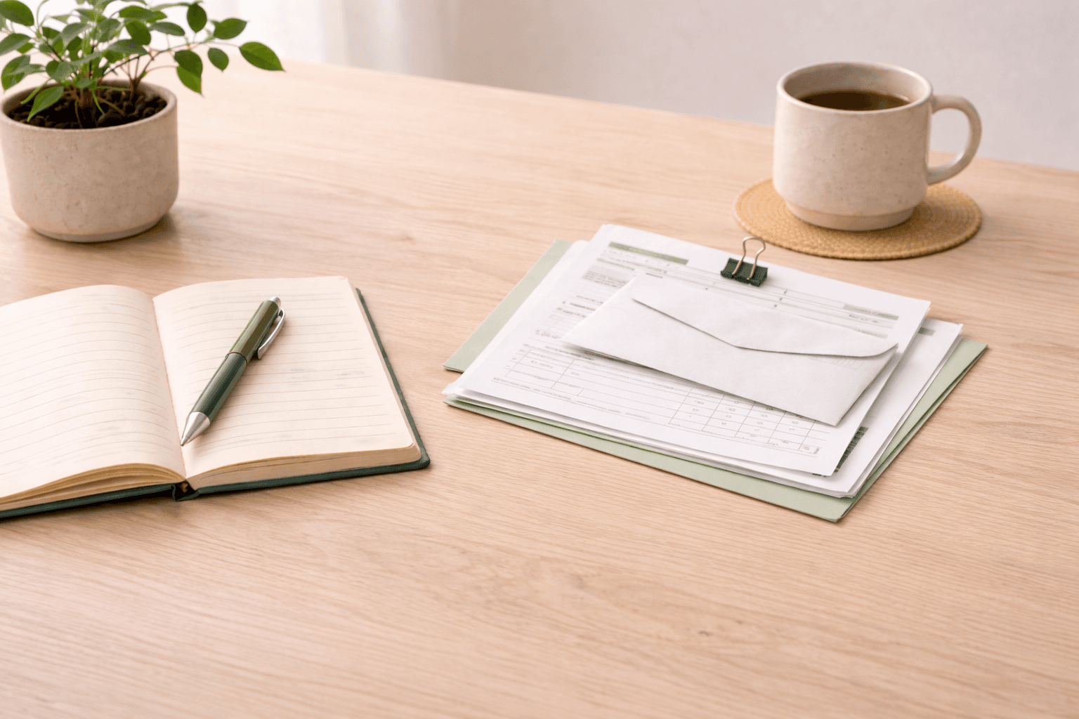 Notebook and loan papers on a light wood desk