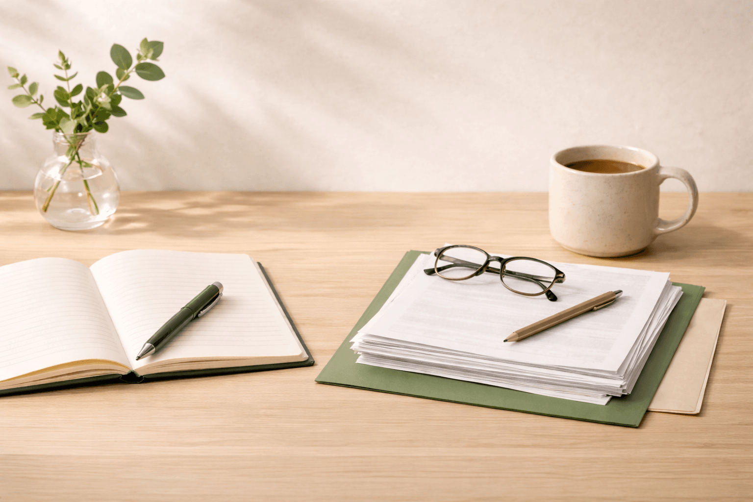 Notebook, reading glasses, and planning papers on a light wood desk