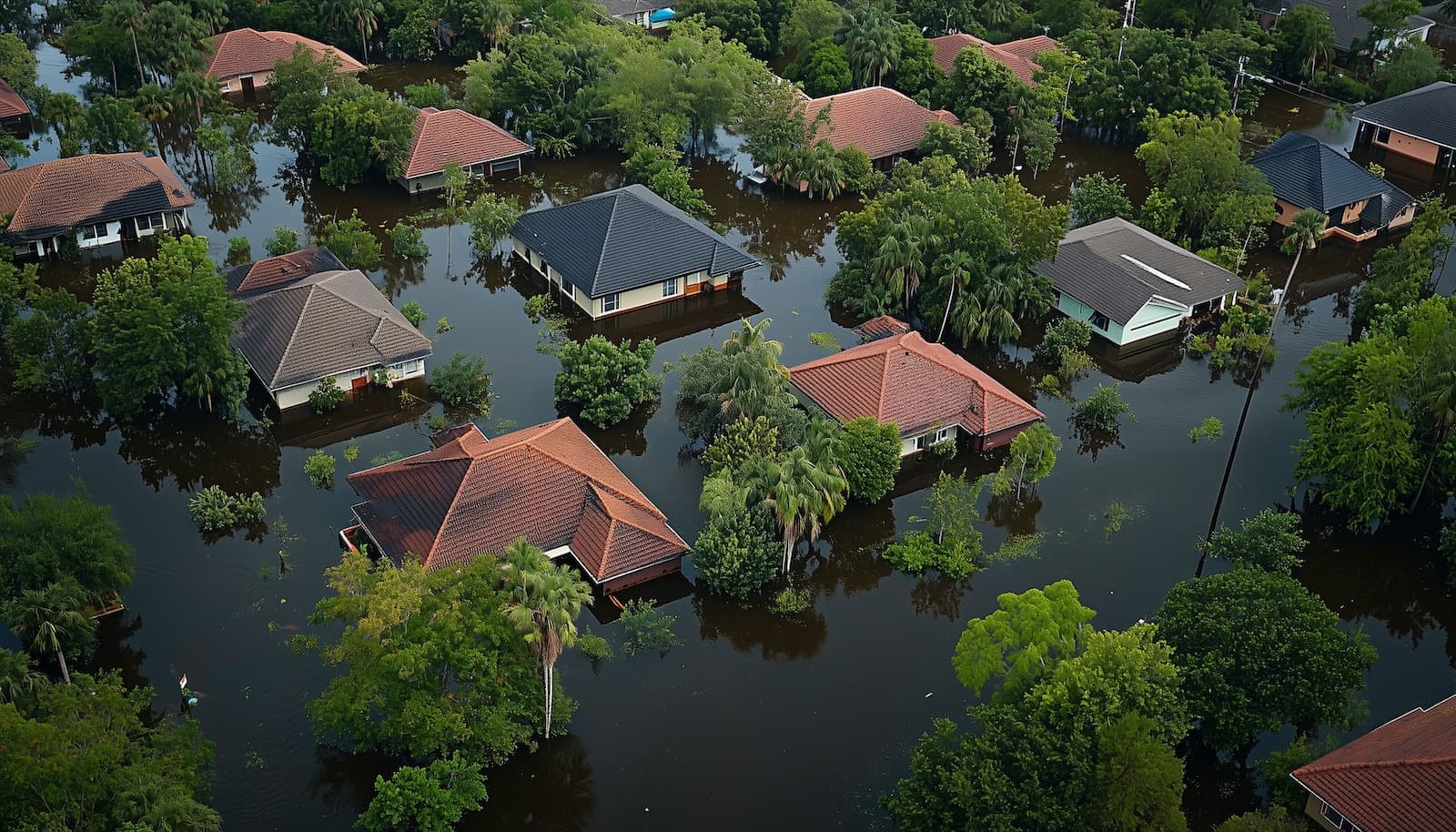 Flooded residential neighborhood with houses partially submerged in water
