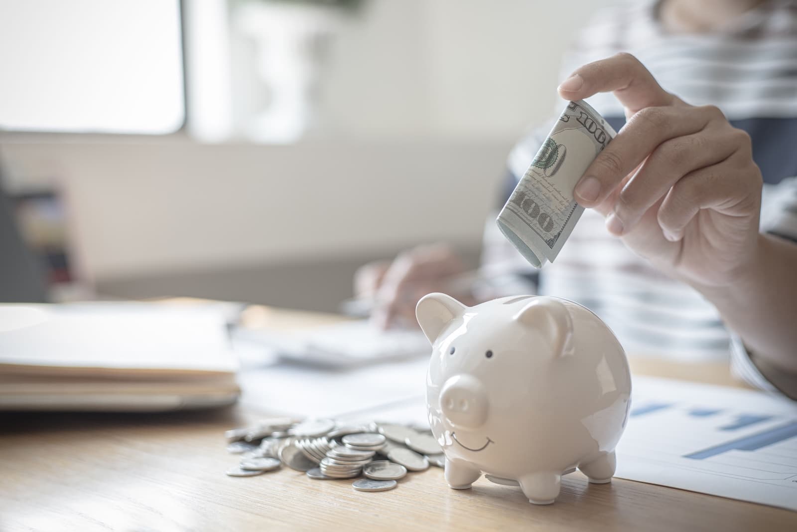 Money bills and coins and a piggy bank