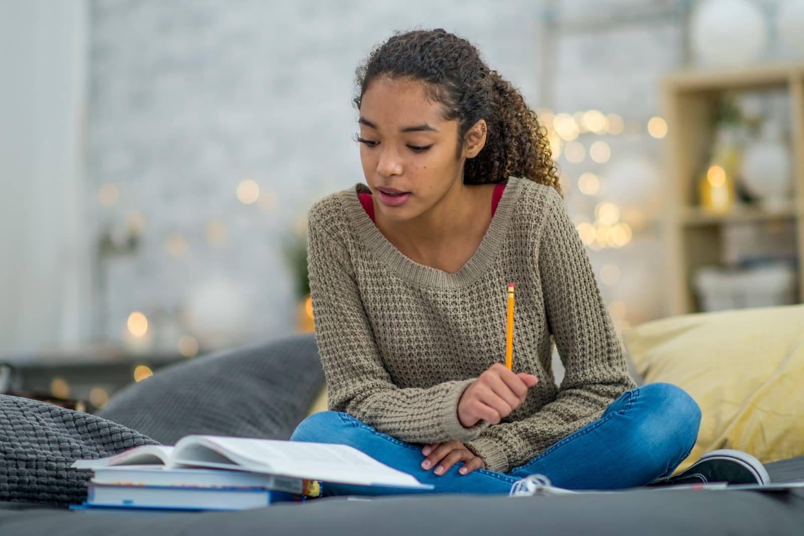 A woman reading textbook