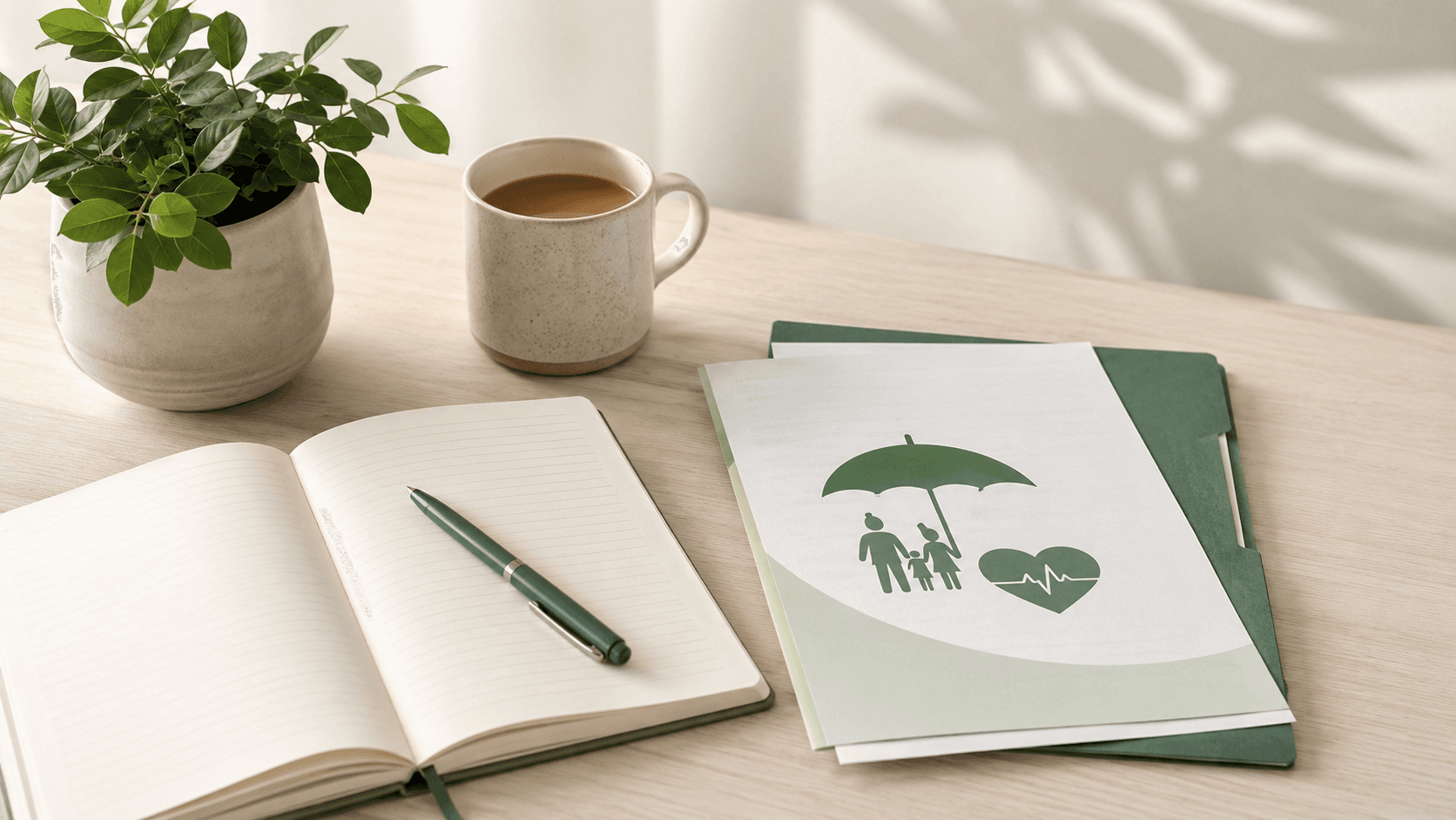 Notebook and health insurance papers on a light wood desk