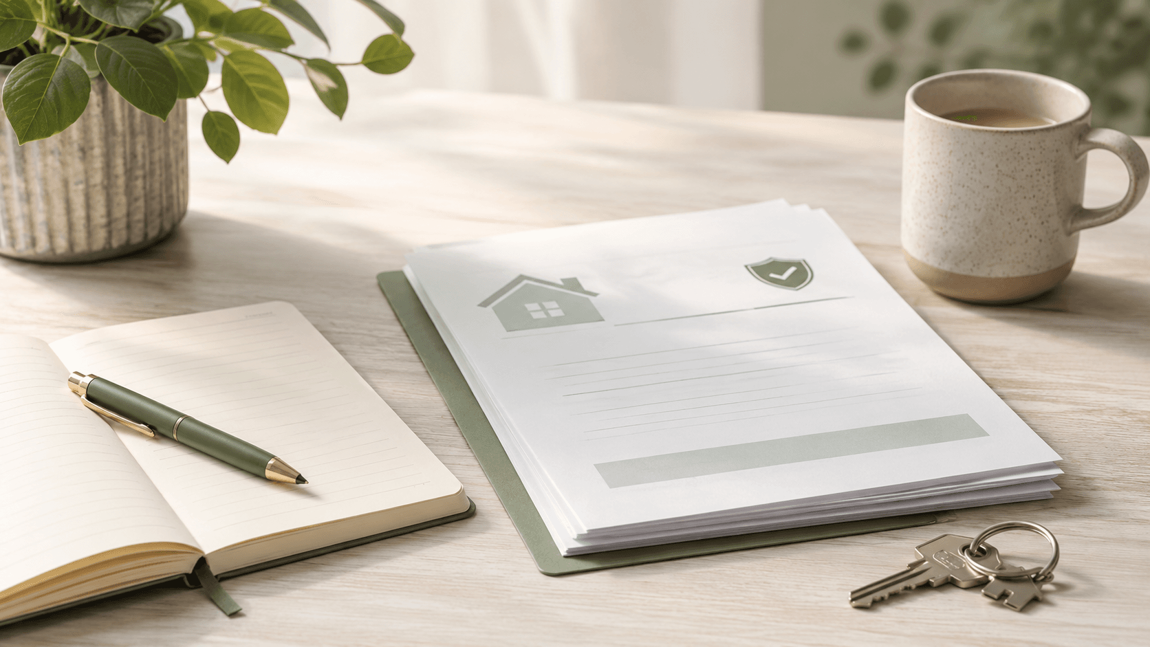 Notebook and home insurance documents on a light wood desk
