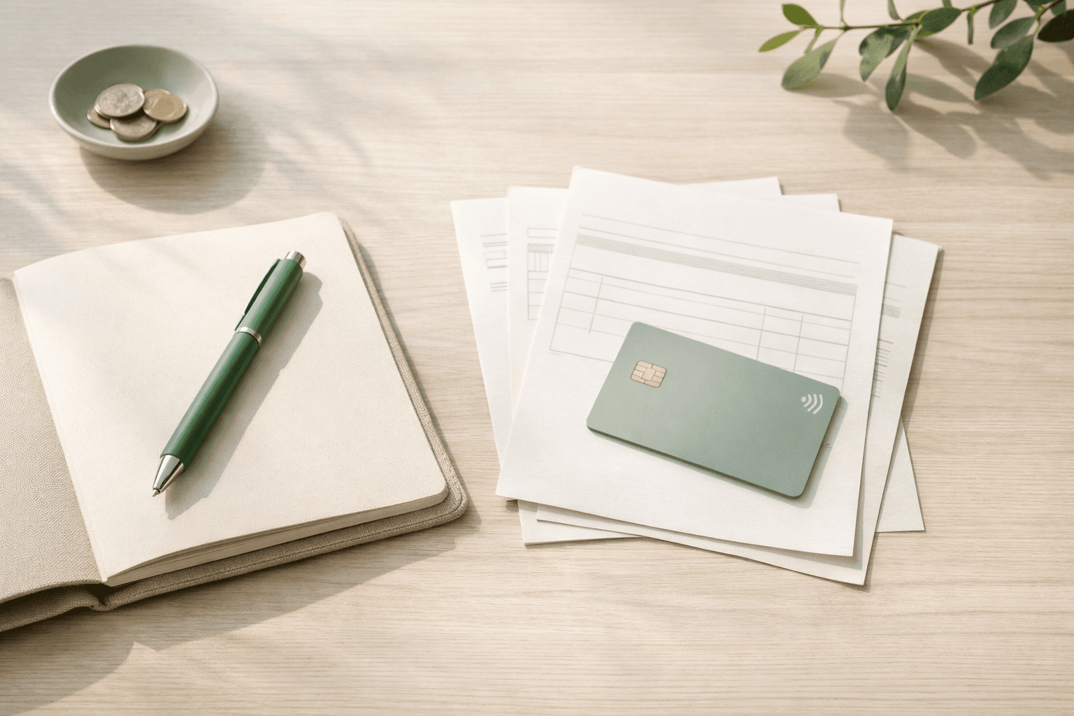 Notebook, payment card, and account papers on a light wood desk