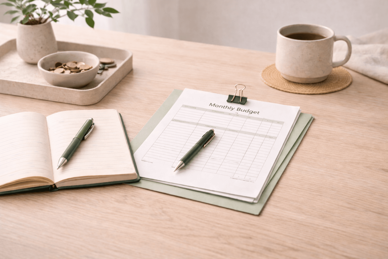 Notebook and budgeting worksheet on a light wood desk