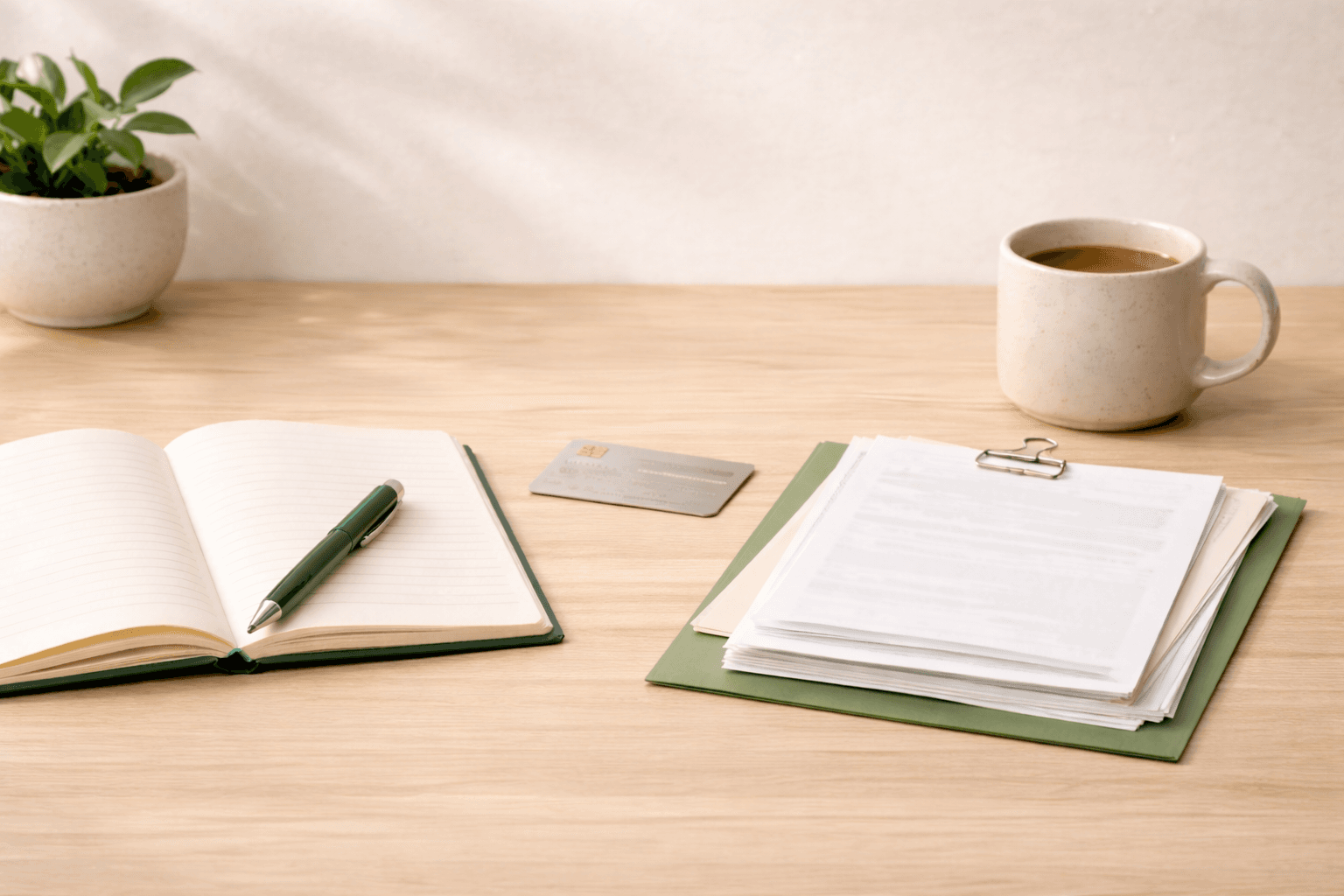 Notebook, payment card, and paper statements on a light wood desk