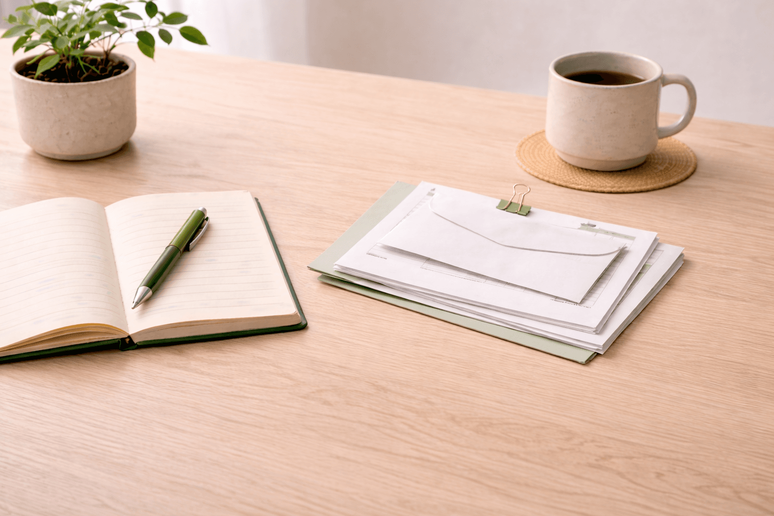 Notebook and paper statements on a light wood desk