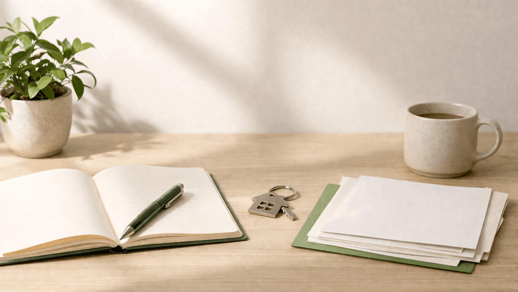 Notebook, house key, and papers on a light wood desk
