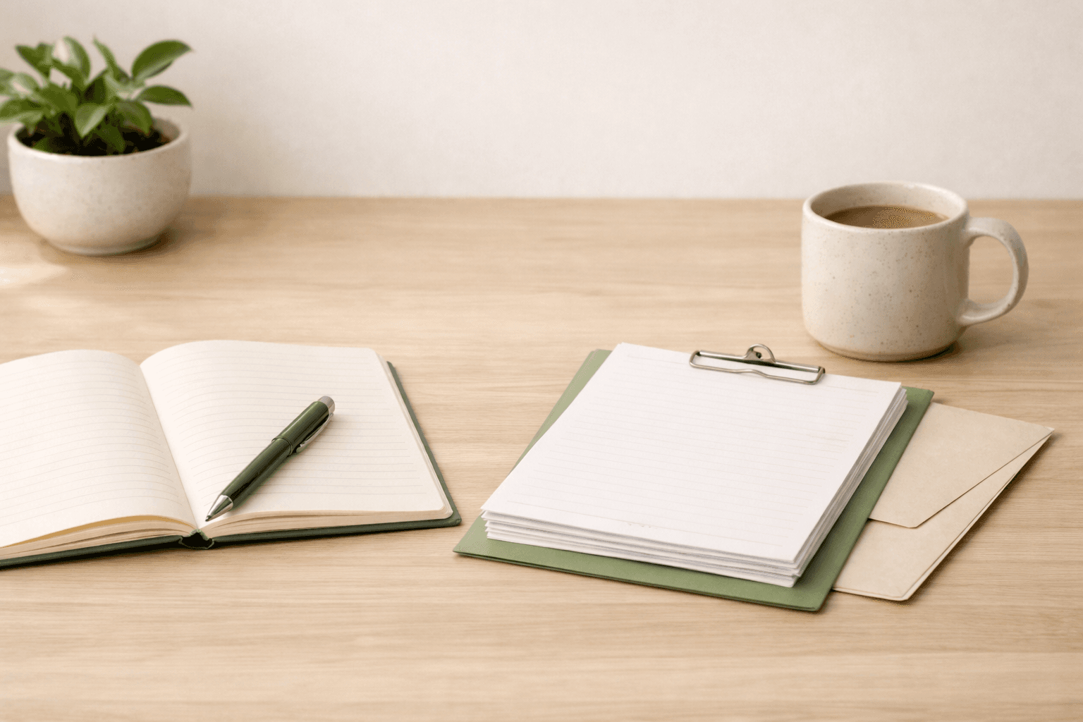 Notebook and policy papers on a light wood desk