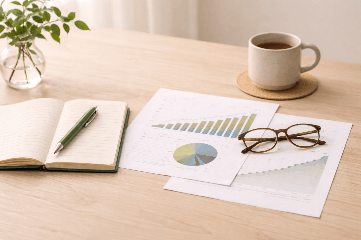 Notebook, printed investment charts, and reading glasses on a light wood desk