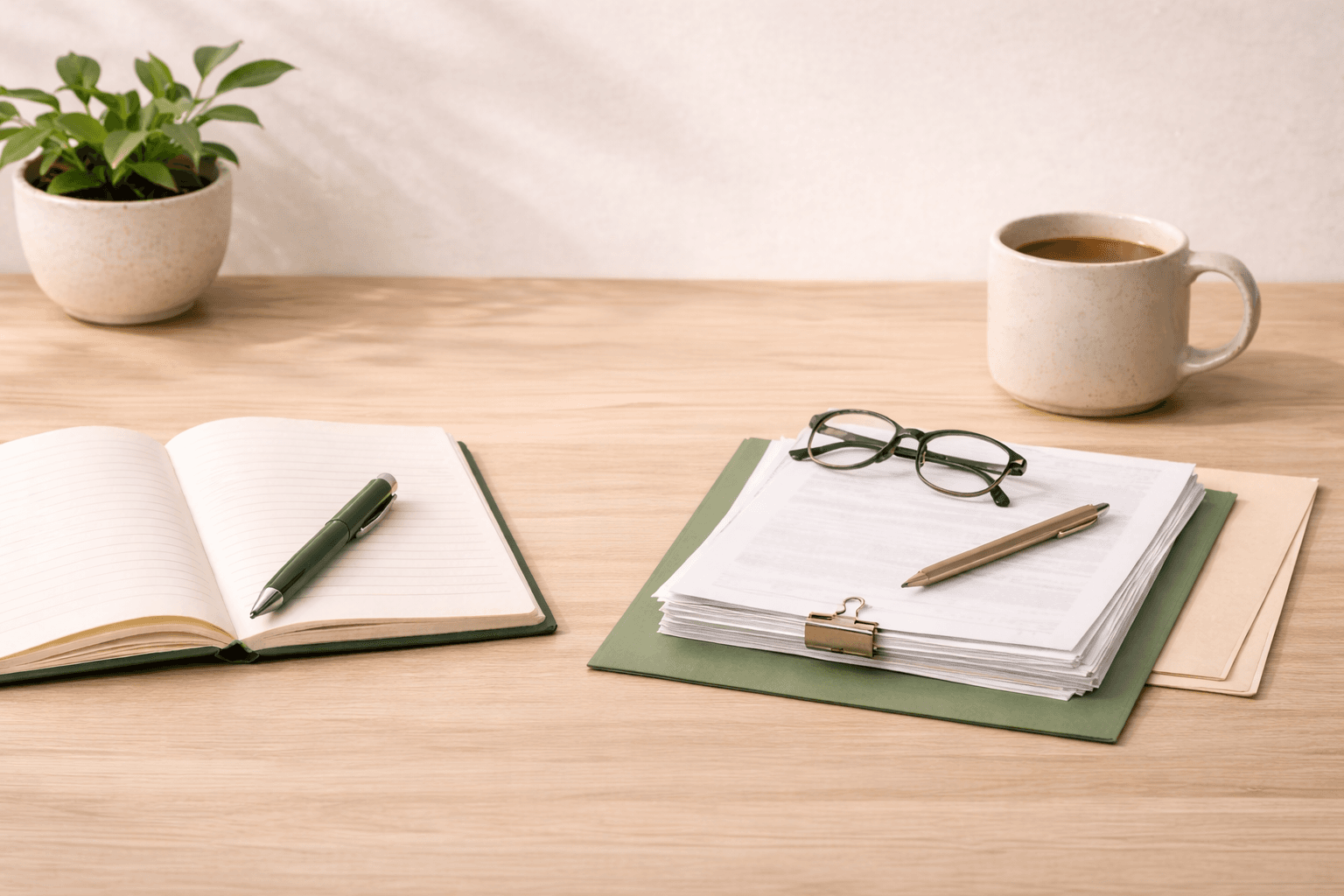 Notebook and policy papers on a light wood desk