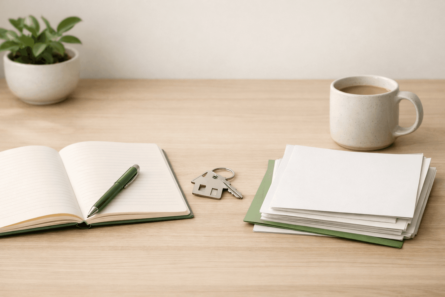 Notebook, house key, and papers on a light wood desk