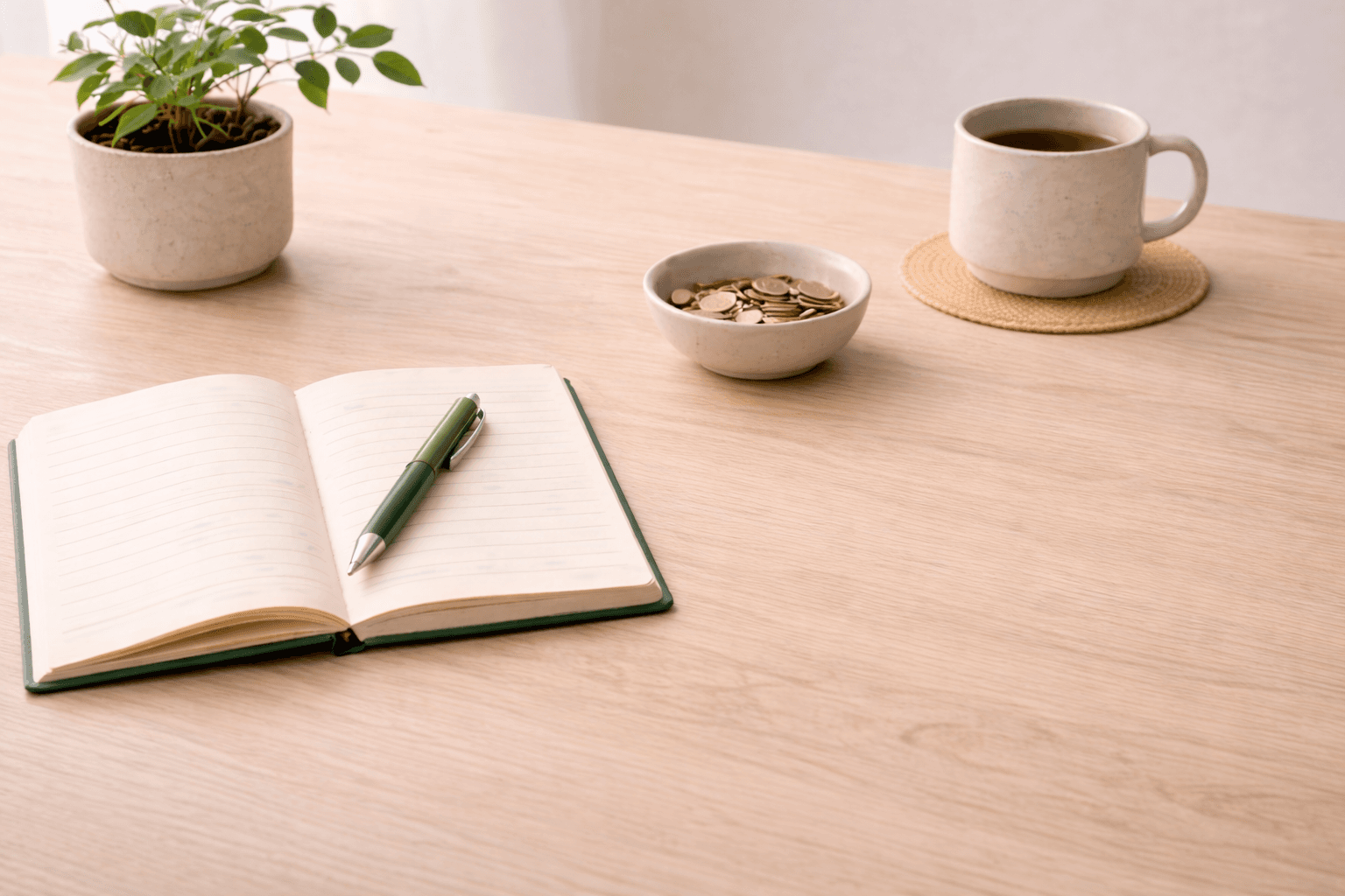 Notebook and coins on a light wood desk