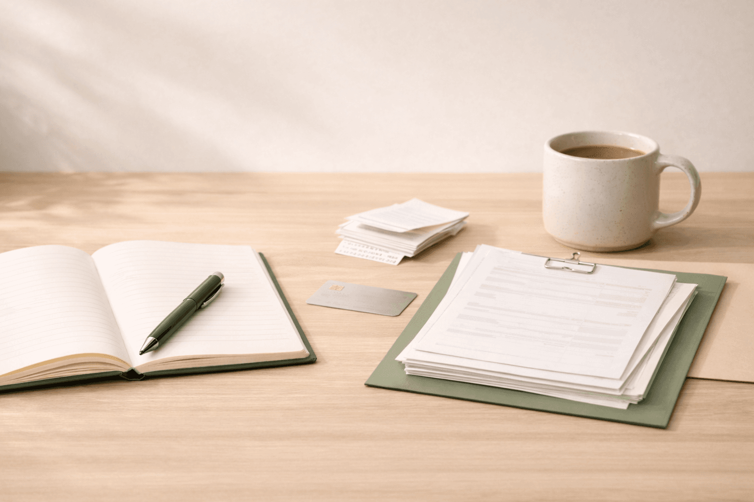 Notebook, payment card, and invoice papers on a light wood desk