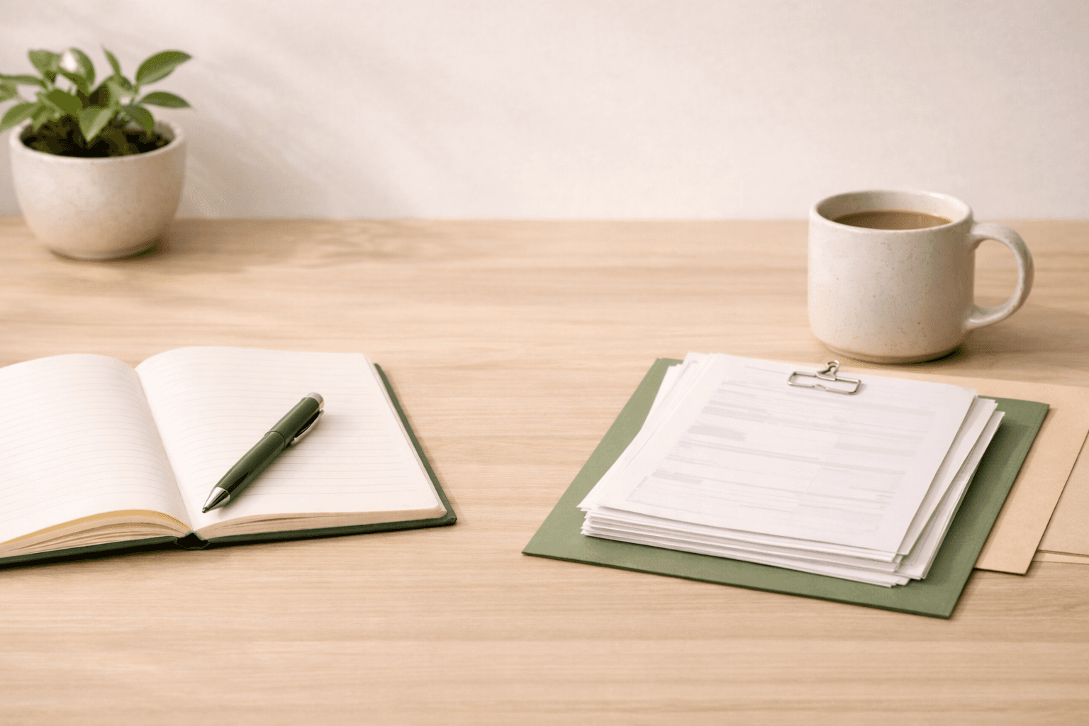 Notebook and repayment papers on a light wood desk