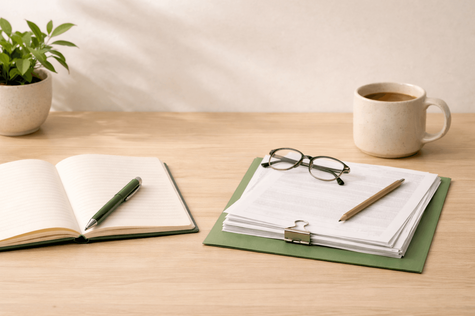 Notebook and tax papers on a light wood desk