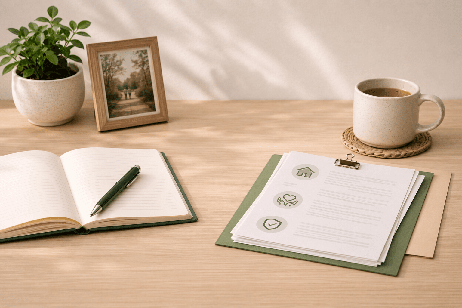 Notebook and insurance documents on a light wood desk