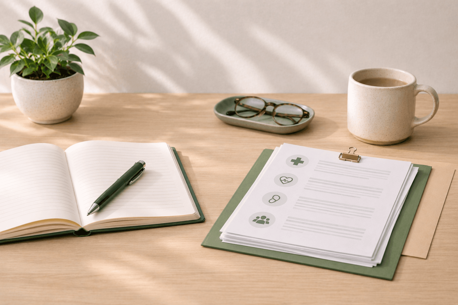 Notebook and medicare documents on a light wood desk