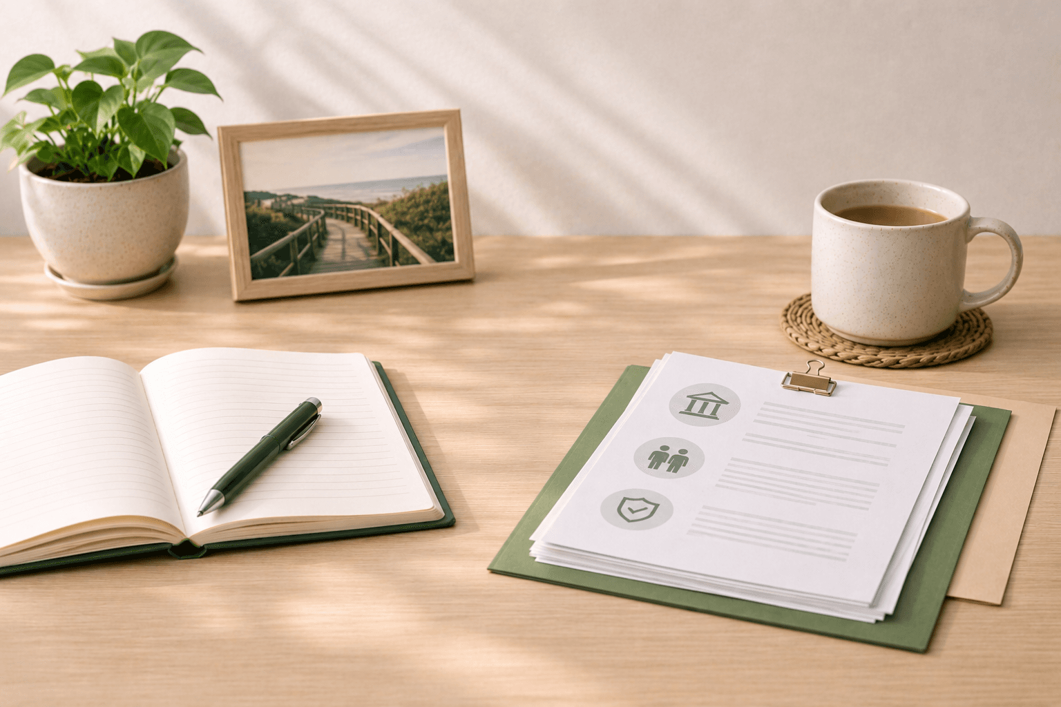 Notebook and social security documents on a light wood desk